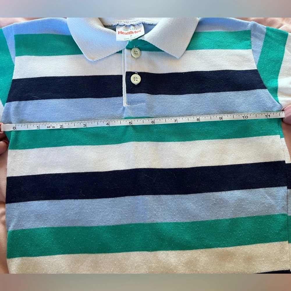 Vintage Healthtex Striped Polo Shirt - Blue, Green, White
